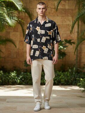 Jamaica Jaxx Men's XXl Black 100% Silk Short Sleeve Hawaiian Shirt Tropical